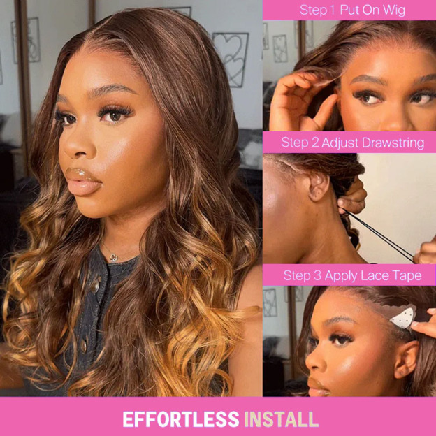 Grace Brown Ombre Bleached Knots Glueless 13x6 Loose Body Wave Lace Front Human Hair Wigs Pre Plucked with Drawstring