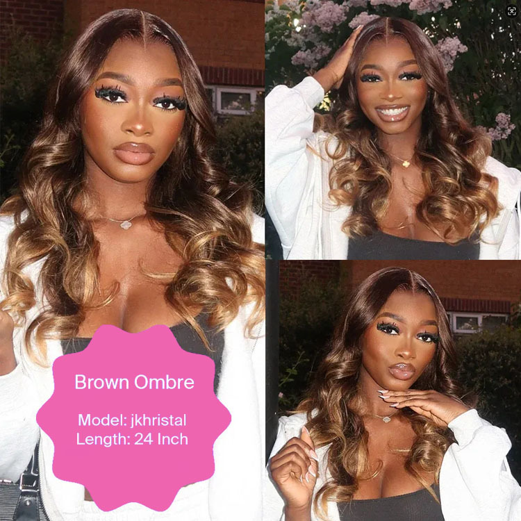 Grace Brown Ombre Bleached Knots Glueless 13x6 Loose Body Wave Lace Front Human Hair Wigs Pre Plucked with Drawstring