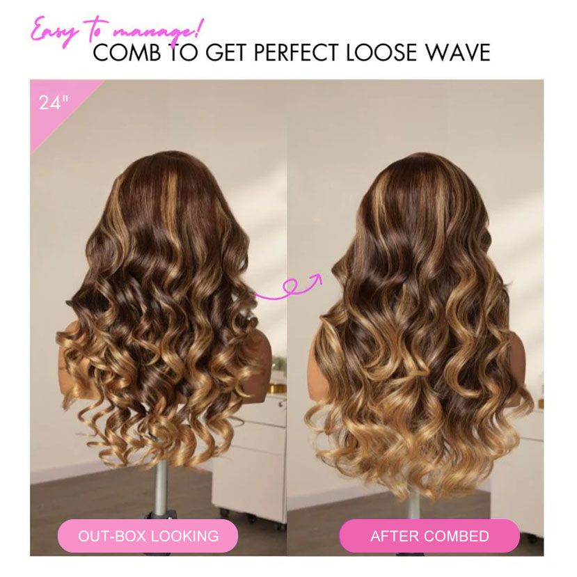 Grace Brown Ombre Bleached Knots Glueless 13x6 Loose Body Wave Lace Front Human Hair Wigs Pre Plucked with Drawstring