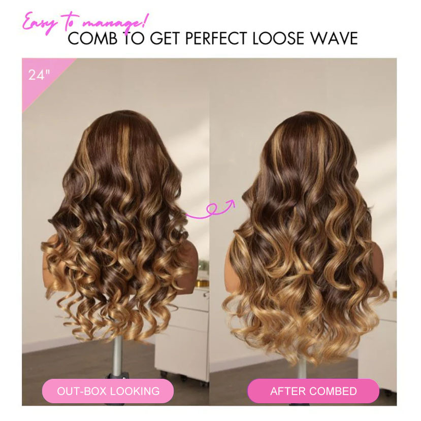 Grace Brown Ombre Bleached Knots Glueless 13x6 Loose Body Wave Lace Front Human Hair Wigs Pre Plucked with Drawstring
