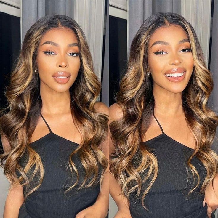 Grace Brown Ombre Bleached Knots Glueless 13x6 Loose Body Wave Lace Front Human Hair Wigs Pre Plucked with Drawstring