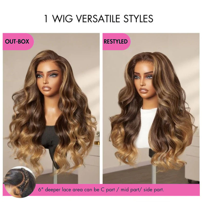 Grace Brown Ombre Bleached Knots Glueless 13x6 Loose Body Wave Lace Front Human Hair Wigs Pre Plucked with Drawstring