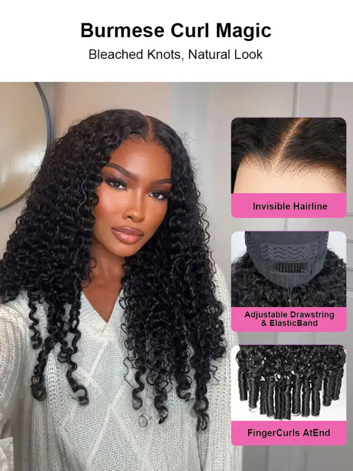 Harlow 13x6 Bleached Knots Glueless Burmese Curly Wig With Drawstring 250% Density Ready to Wear Wigs Human Hair Pre Plucked 13x4 Lace Front Wig