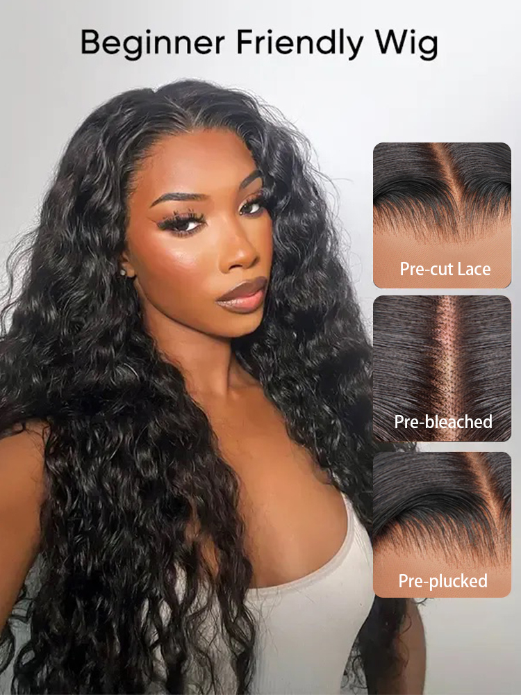 Kinsley Bleached Knots Glueless Water Wave Wig 250%  13x6 Lace Front Human Hair Wigs With Drawstring Pre Plucked