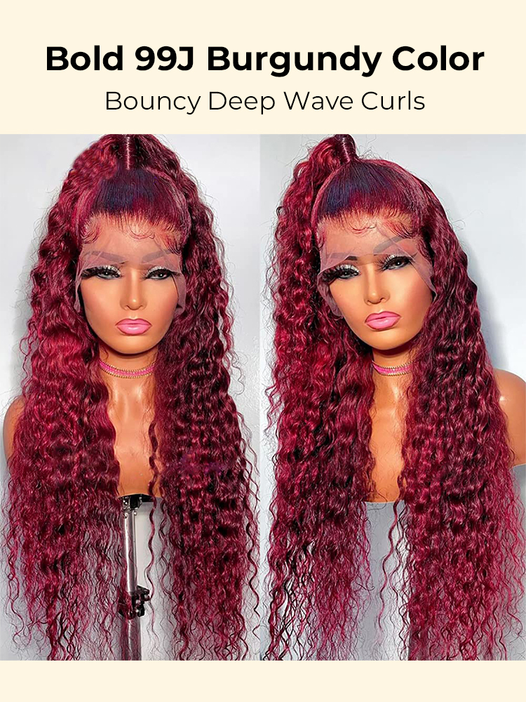 Lola Bleached Knots 99J Burgundy Curly Wig Glueless 13x6 Lace Front Human Hair Wigs Pre Plucked