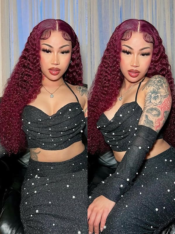 Lola Bleached Knots 99J Burgundy Curly Wig Glueless 13x6 Lace Front Human Hair Wigs Pre Plucked