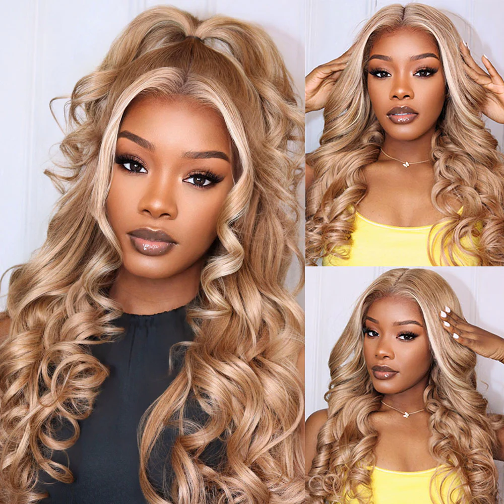 Mia Milk Tea Brown With Highlight Bleached Knots Glueless 13x6 Body Wave Straight Lace Front Human Hair Wigs Pre Plucked with Drawstring-wigflash