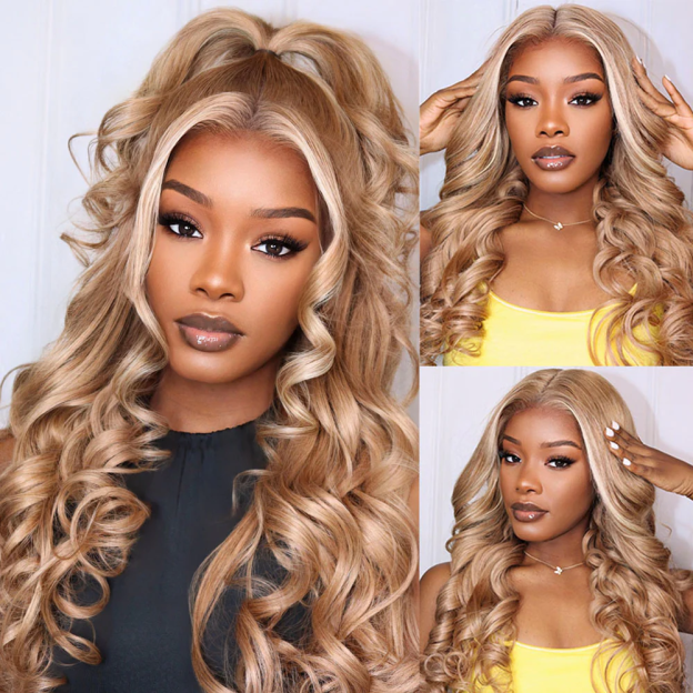 Mia Milk Tea Brown With Highlight Bleached Knots Glueless 13x6 Body Wave Straight Lace Front Human Hair Wigs Pre Plucked with Drawstring-wigflash