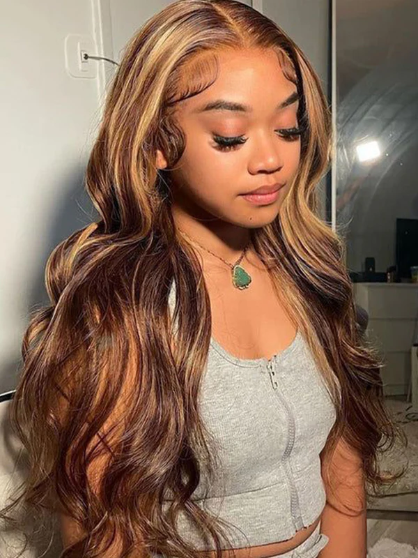 Naomi P4/27 Highlight Bleached Knots Glueless 13x6 Body Wave Lace Front Human Hair Wigs Straight Wig Pre Plucked with Drawstring-wigflash