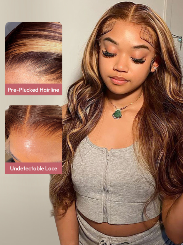 Naomi P4/27 Highlight Bleached Knots Glueless 13x6 Body Wave Lace Front Human Hair Wigs Straight Wig Pre Plucked with Drawstring-wigflash