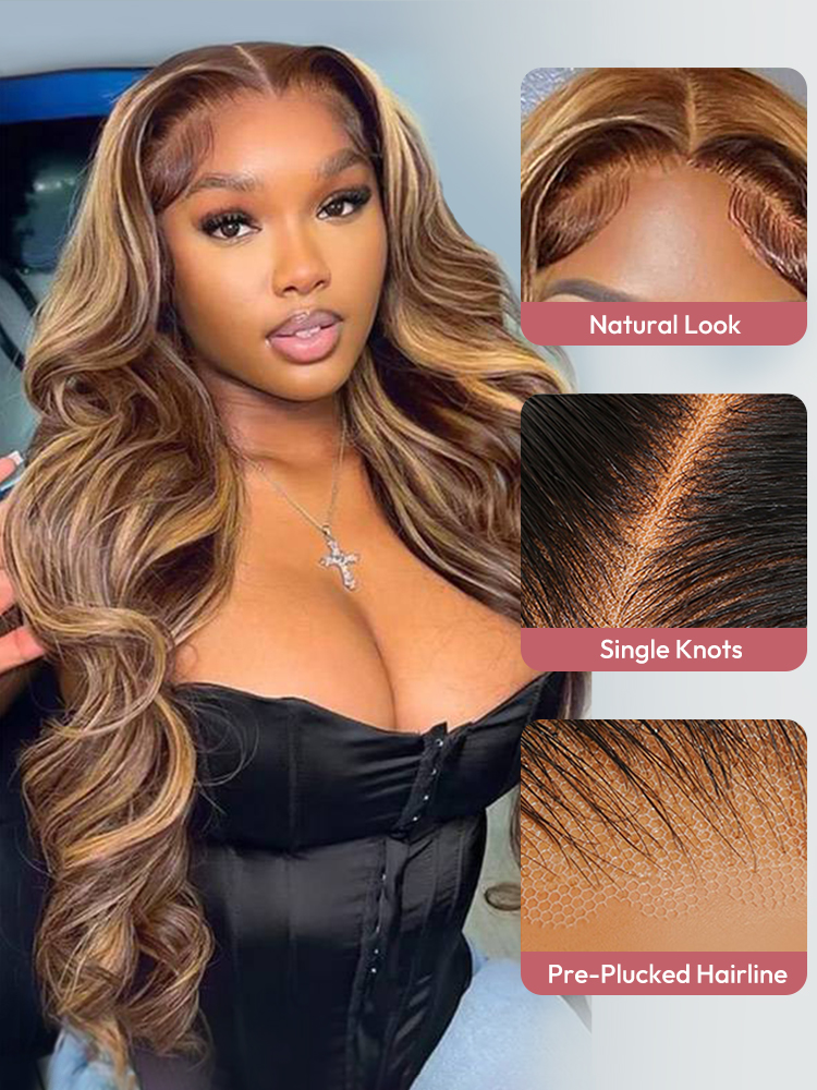 Naomi P4/27 Highlight Bleached Knots Glueless 13x6 Body Wave Lace Front Human Hair Wigs Straight Wig Pre Plucked with Drawstring-wigflash