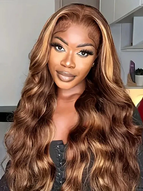 Naomi P4/27 Highlight Bleached Knots Glueless 13x6 Body Wave Lace Front Human Hair Wigs Straight Wig Pre Plucked with Drawstring-wigflash