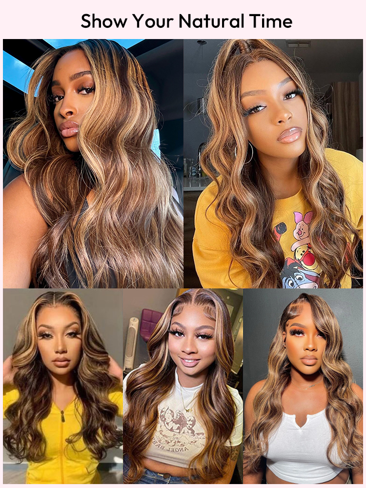 Naomi P4/27 Highlight Bleached Knots Glueless 13x6 Body Wave Lace Front Human Hair Wigs Straight Wig Pre Plucked with Drawstring-wigflash