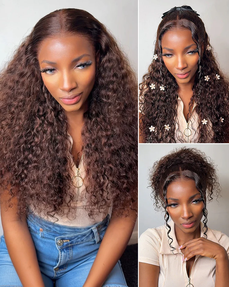 Scarlett Chocolate Brown Bleached Knots Glueless 13x6 Water Wave Lace Front Human Hair Wigs Pre Plucked with Drawstring-wigflash