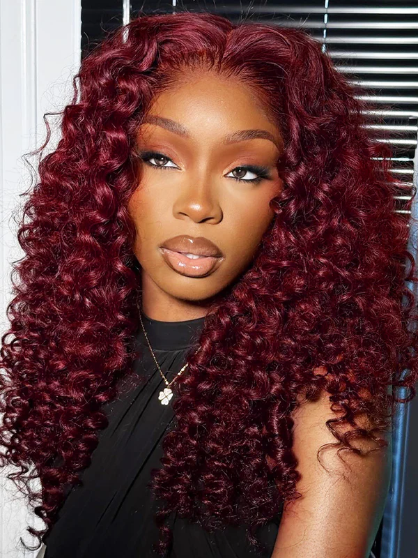 Skylar #99J Burgundy Burmese Curly Wig Bleached Knots Glueless Wigs 13x4 13x6 Lace Front Human Hair Wigs Pre Plucked