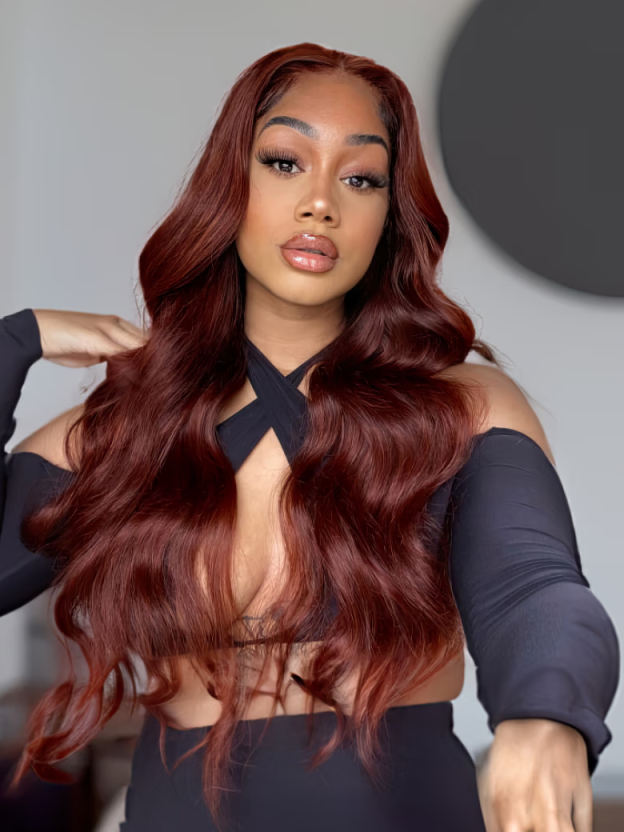 Lark Reddish Brown Bleached Knots Glueless 13x6 Body Wave Straight Lace Front Human Hair Wigs Pre Plucked with Drawstring-wigflash