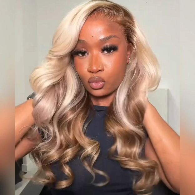 Emily Blonde and Brown Ombre Bleached Knots Glueless 13x6 Loose Body Wave Lace Front Human Hair Wigs Pre Plucked with Drawstring