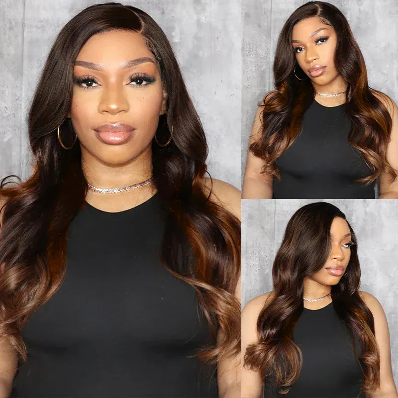 Amelia Chestnut Brown Ombre  Bleached Knots Glueless Body Wave  13x6  100% Human Hair Wig With Drawstring-wigflash
