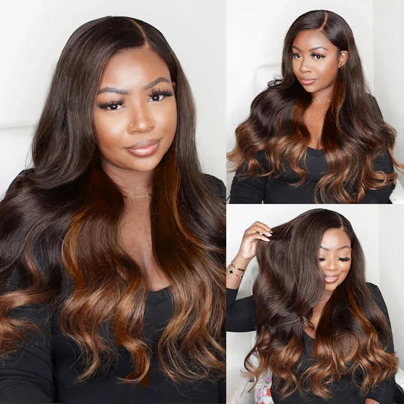 Amelia Chestnut Brown Ombre  Bleached Knots Glueless Body Wave  13x6  100% Human Hair Wig With Drawstring-wigflash
