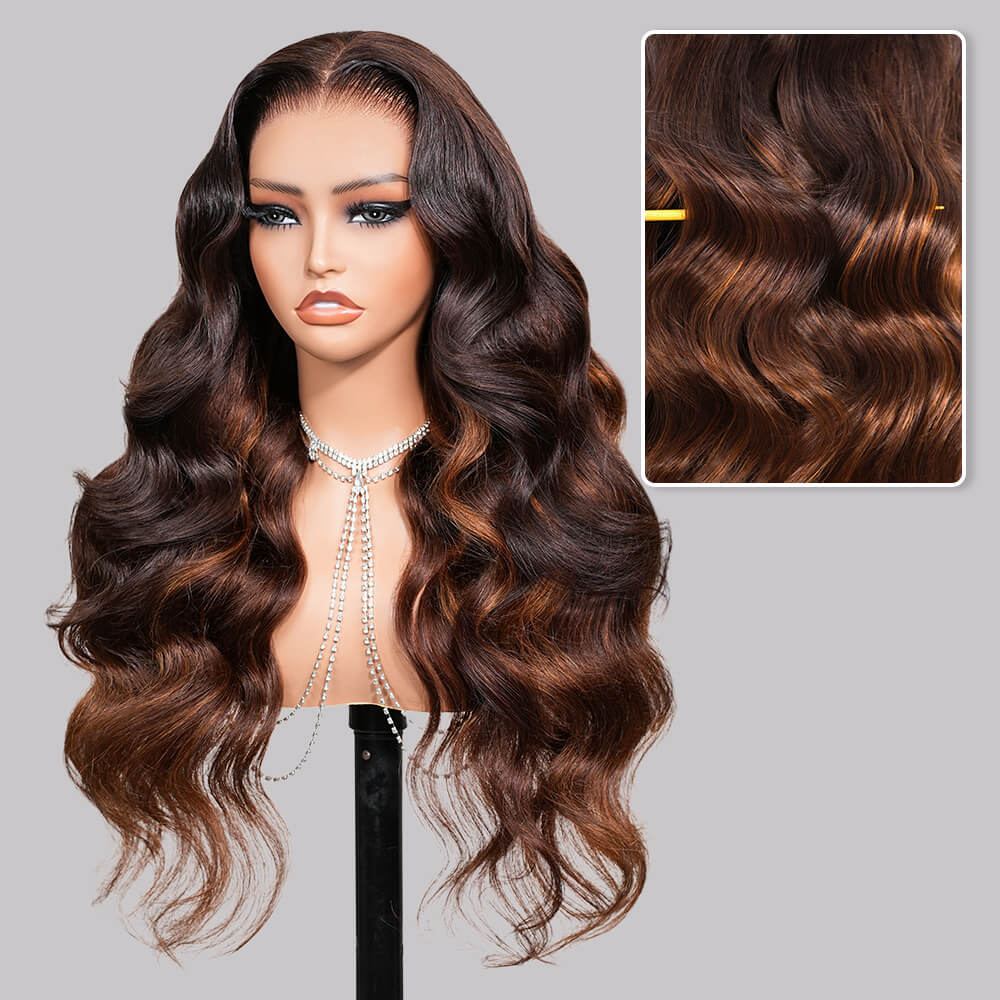 Amelia Chestnut Brown Ombre  Bleached Knots Glueless Body Wave  13x6  100% Human Hair Wig With Drawstring-wigflash