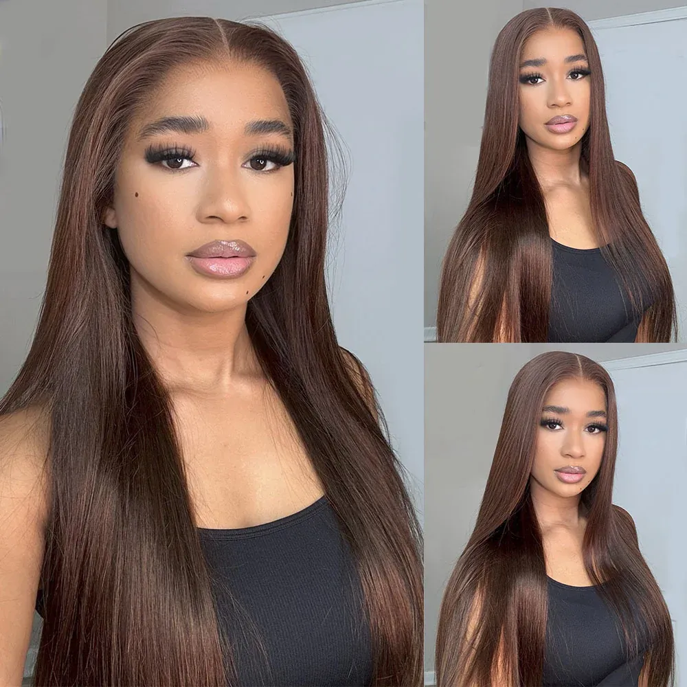 Vera Chocolate Brown Bleached Knots Glueless 13x6 Body Wave Straight Lace Front Human Hair Wigs Pre Plucked with Drawstring-wigflash