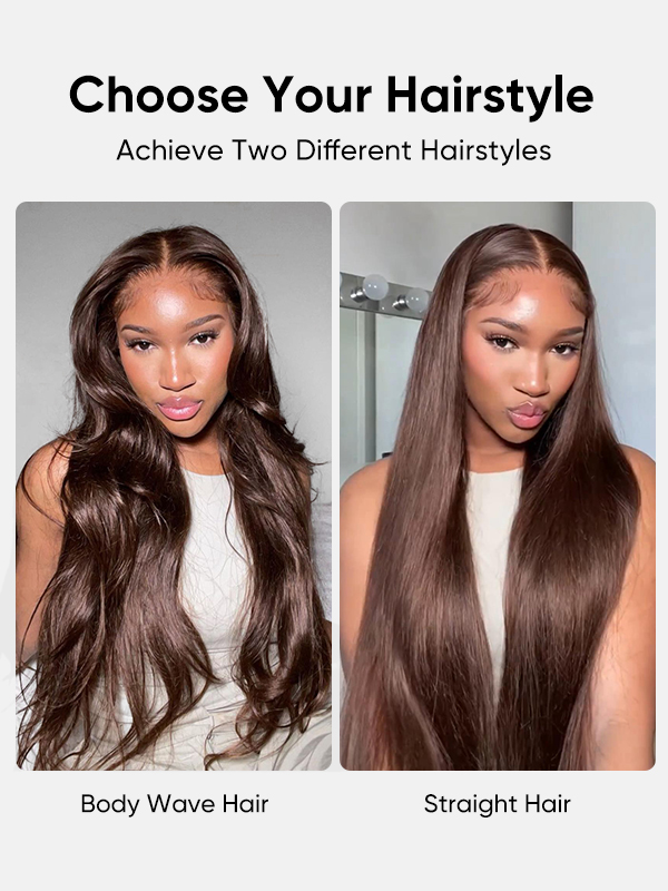 Brunette #4 Brown Body Wave Wig with Drawstring 250% Bleached Knots Glueless 13x6 Straight Lace Front Human Hair Wigs Pre Plucked 