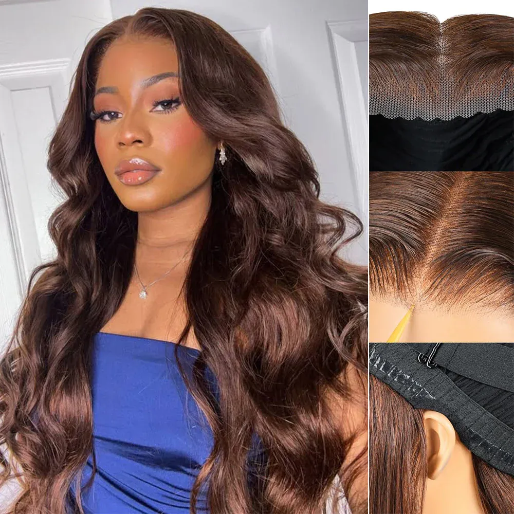 Brunette #4 Brown Body Wave Wig with Drawstring 250% Bleached Knots Glueless 13x6 Straight Lace Front Human Hair Wigs Pre Plucked 