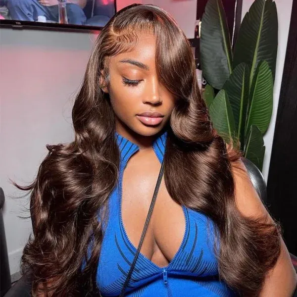 Brunette #4 Brown Body Wave Wig with Drawstring 250% Bleached Knots Glueless 13x6 Straight Lace Front Human Hair Wigs Pre Plucked 