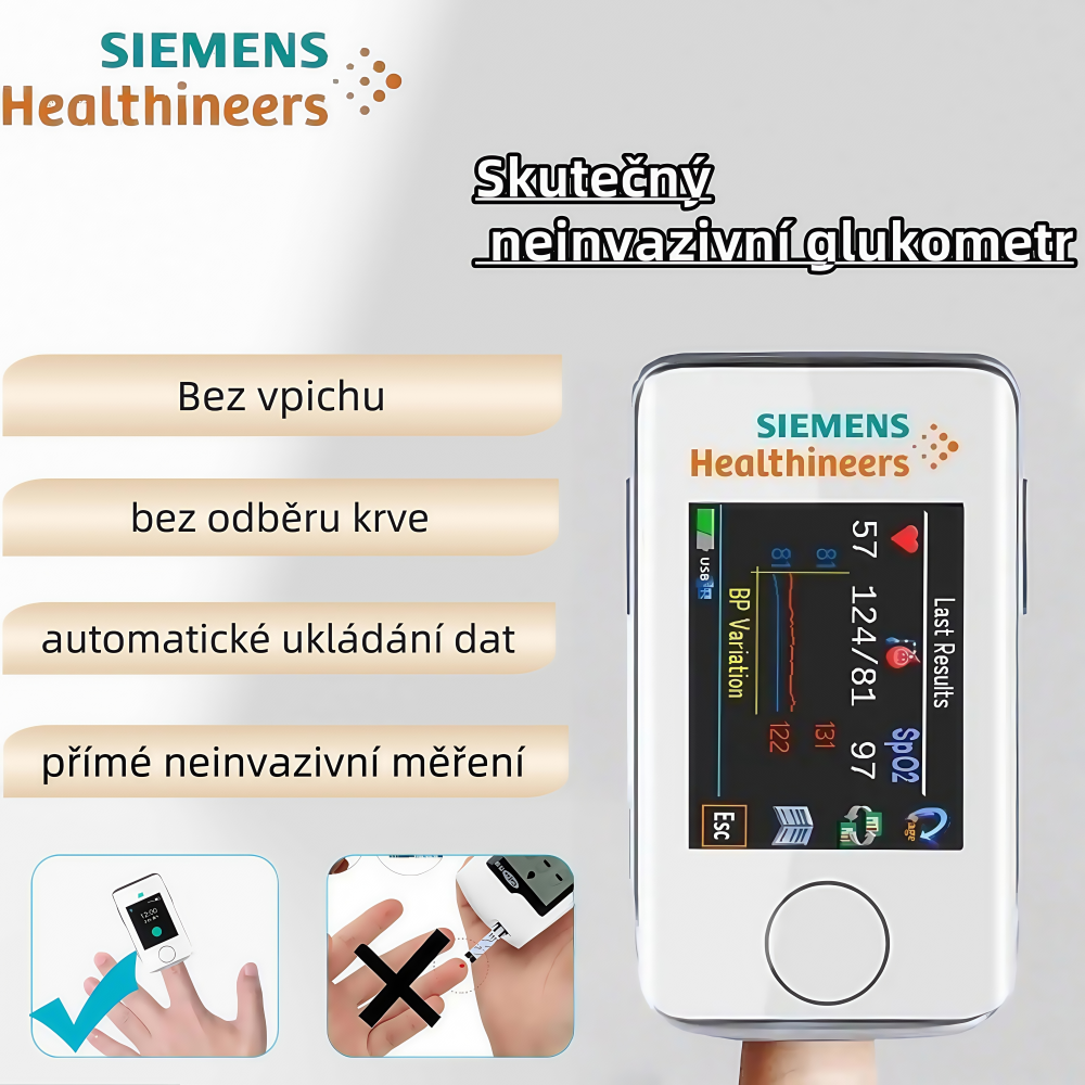  Siemens bezbolestný glukometr – domácí neinvazivní měření bez vpichu, bez krve, s kontinuálním sledováním hladiny cukru v krvi.
