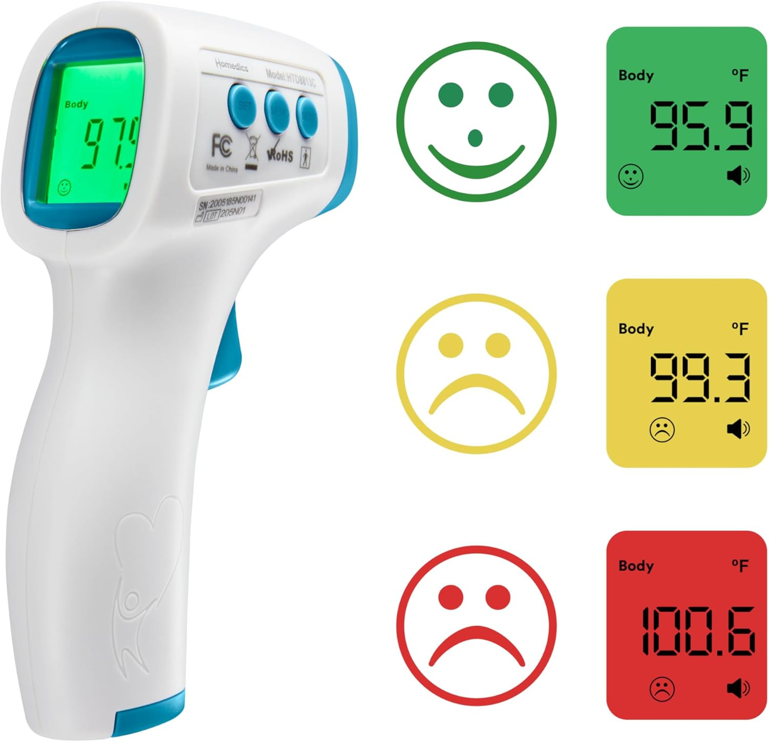 HoMedics érintésmentes infravörös homlokhőmérő, klinikailag bizonyítottan gyors és pontos eredmények, magas lázra figyelmeztető 4 az 1-ben leolvasással