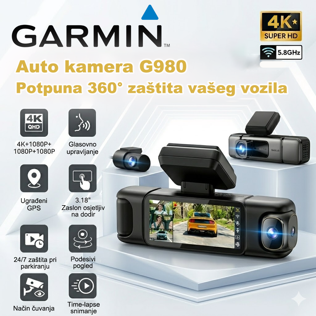 🚗Garmin G980 kamera za automobil s umjetnom inteligencijom i glasovnim upravljanjem, četiri kamere, panoramskim pogledom od 360°, 4K Ultra HD noćnim vidom i GPS praćenjem