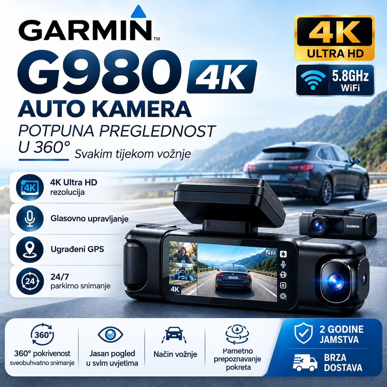 🚗Garmin G980 kamera za automobil s umjetnom inteligencijom i glasovnim upravljanjem, četiri kamere, panoramskim pogledom od 360°, 4K Ultra HD noćnim vidom i GPS praćenjem