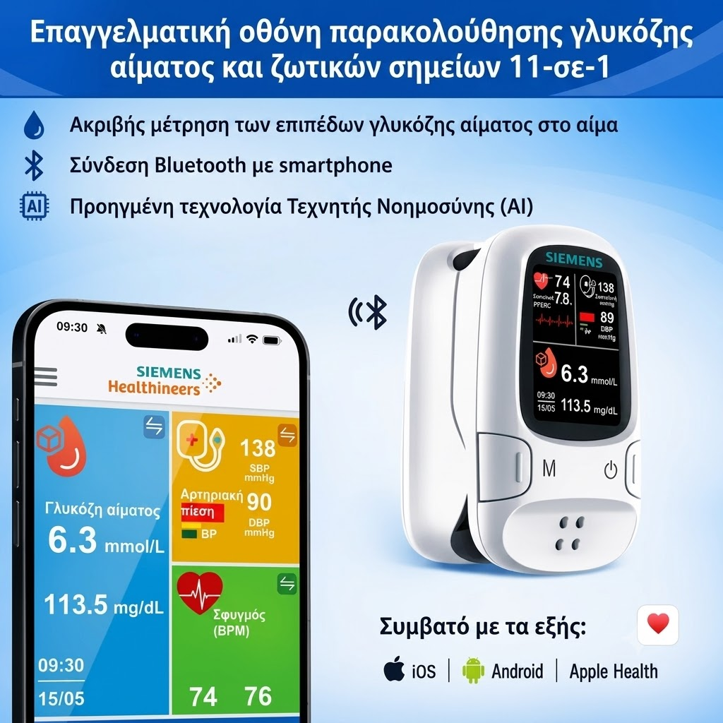 🩸 Μη επεμβατικός μετρητής γλυκόζης – Siemens | Ανώδυνη παρακολούθηση της γλυκόζης στο σπίτι 📊