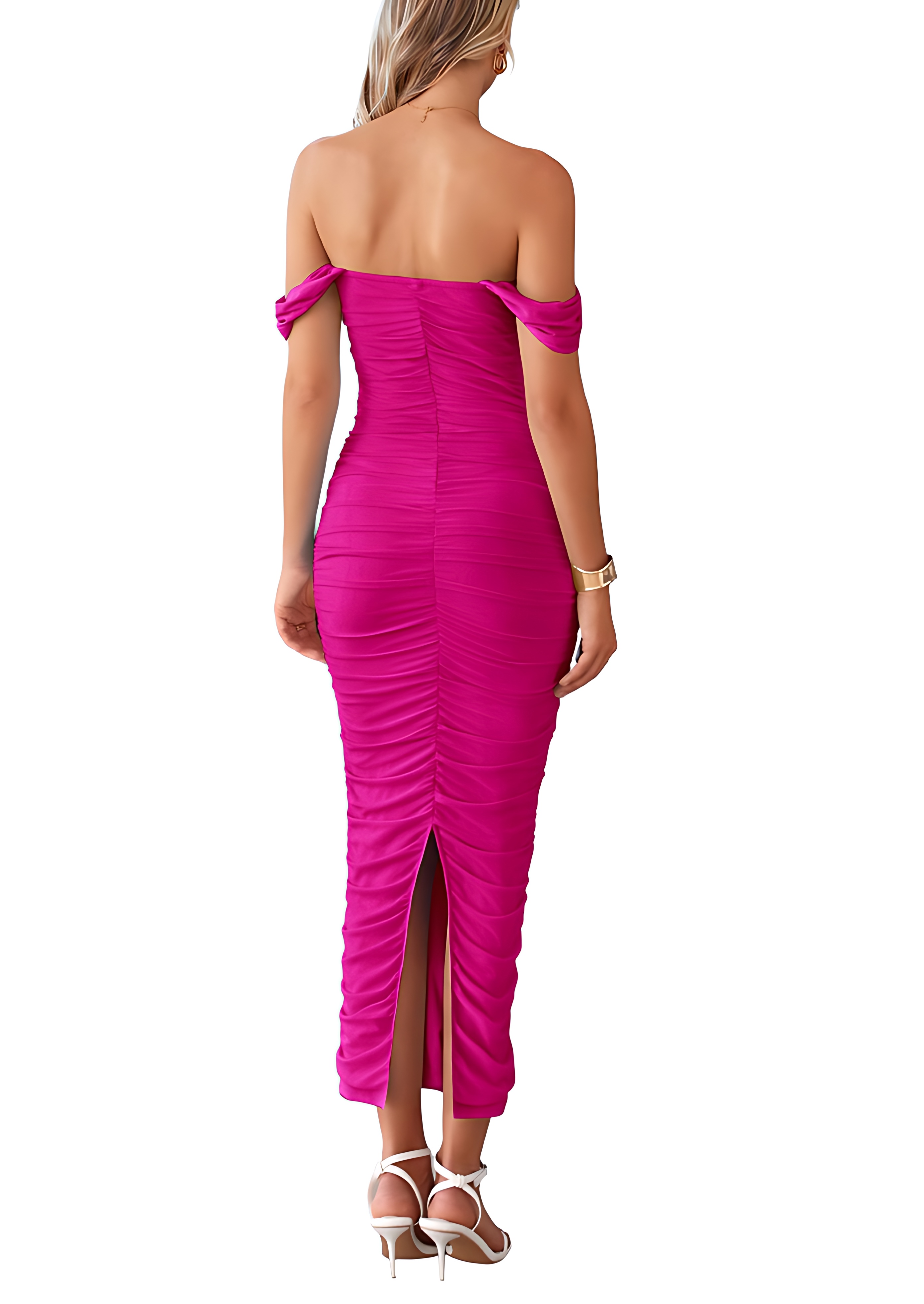 Women's Off Shoulder Ruched Bodycon Maxi Dress with Split Summer Cocktail Party Dress
