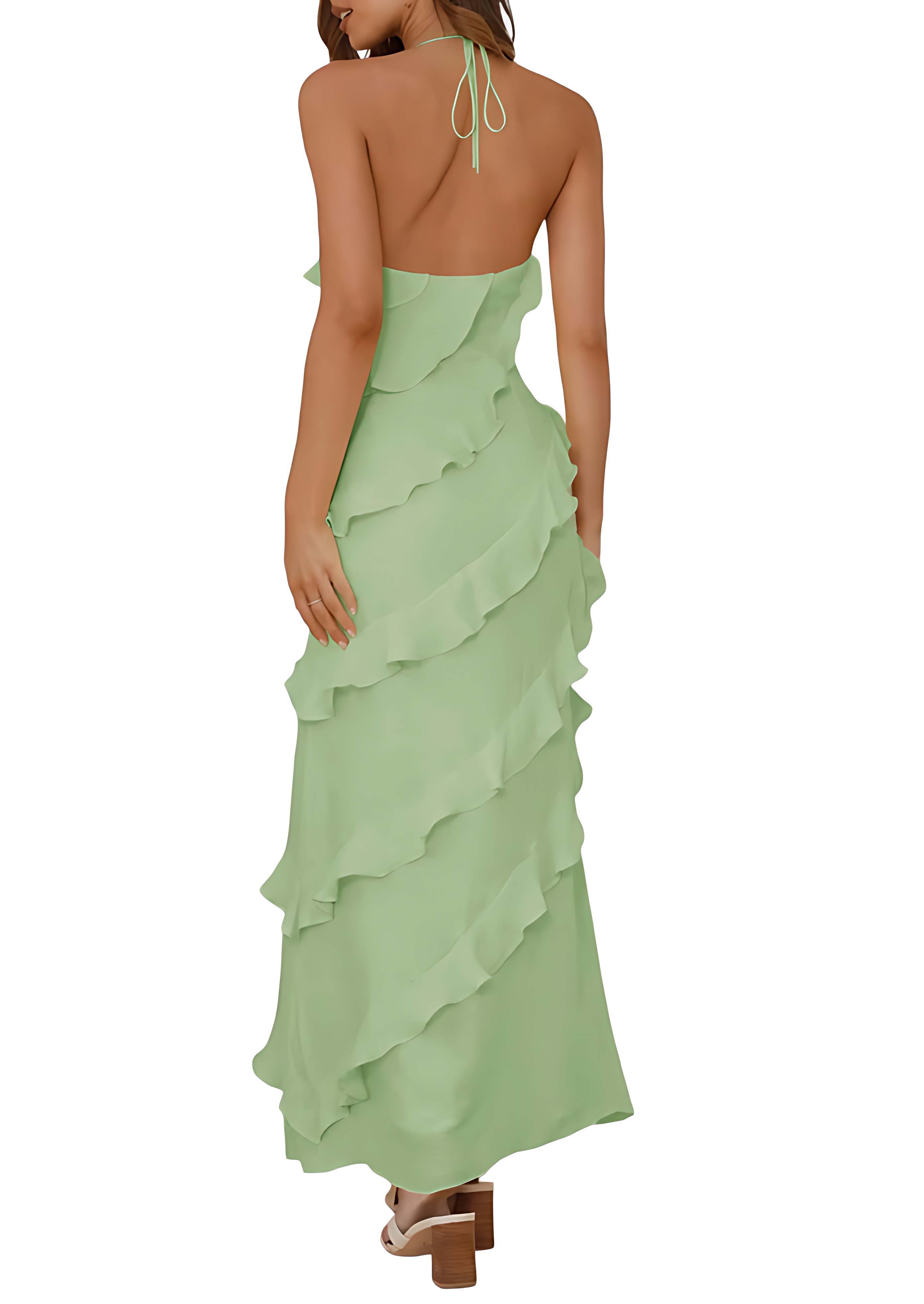 Chiffon Halter Backless Maxi Dress with Ruffle and Tassel Detail