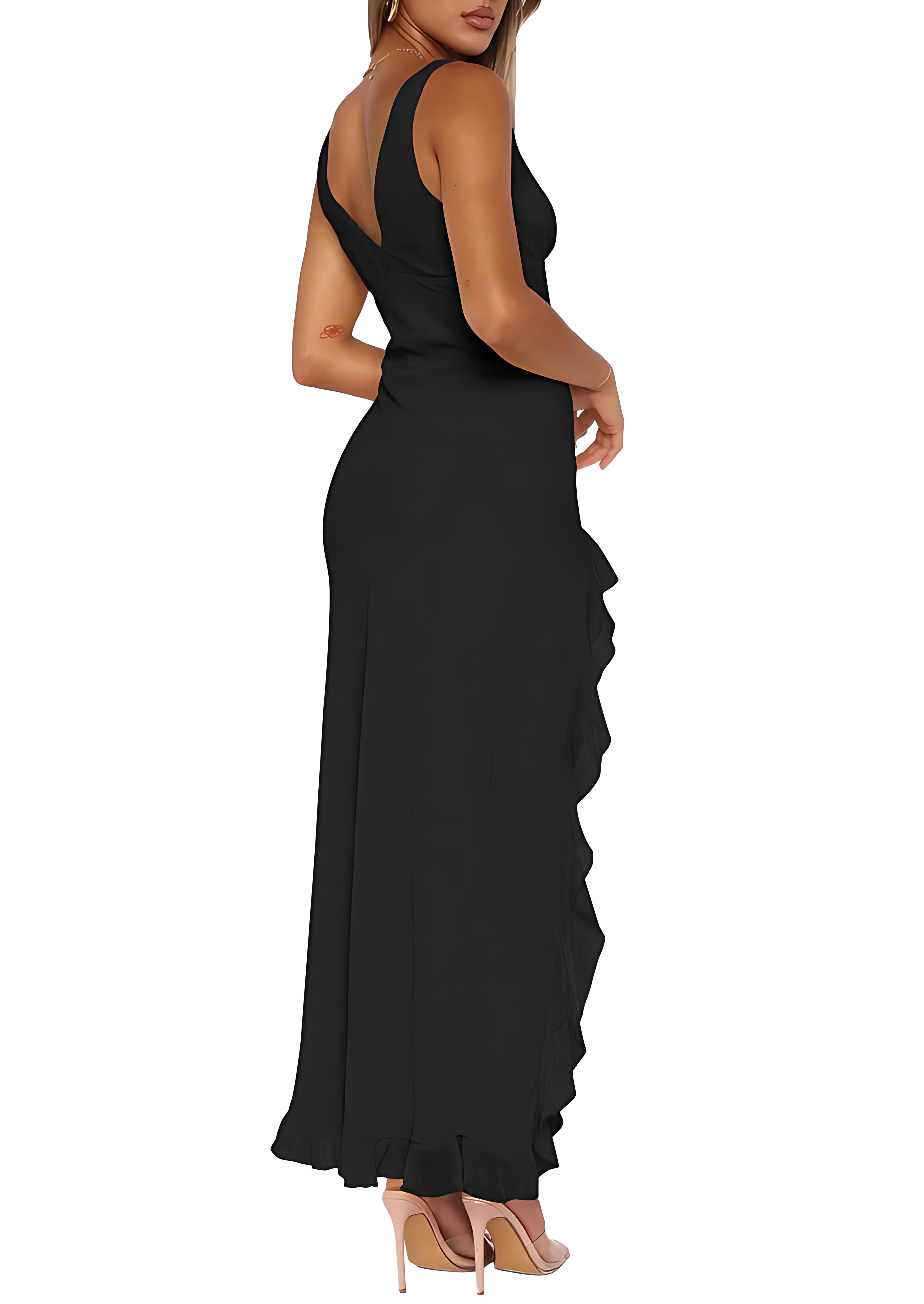 V Neck Sleeveless Mesh Bodycon Maxi Dress with High Slit