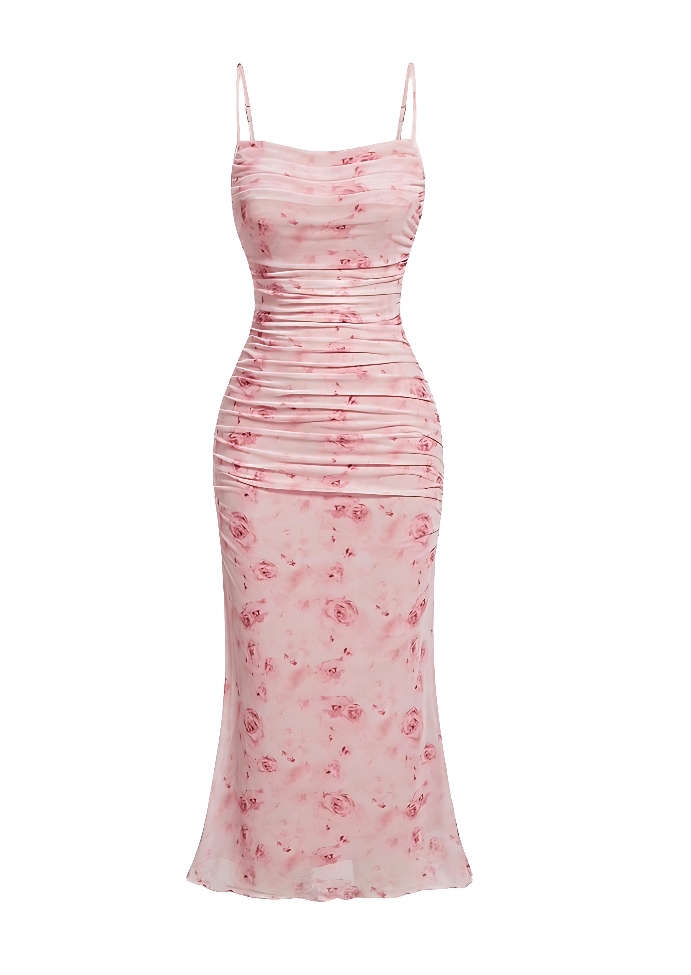Floral Ruched Mesh Bodycon Midi Dress with Fishtail Hem