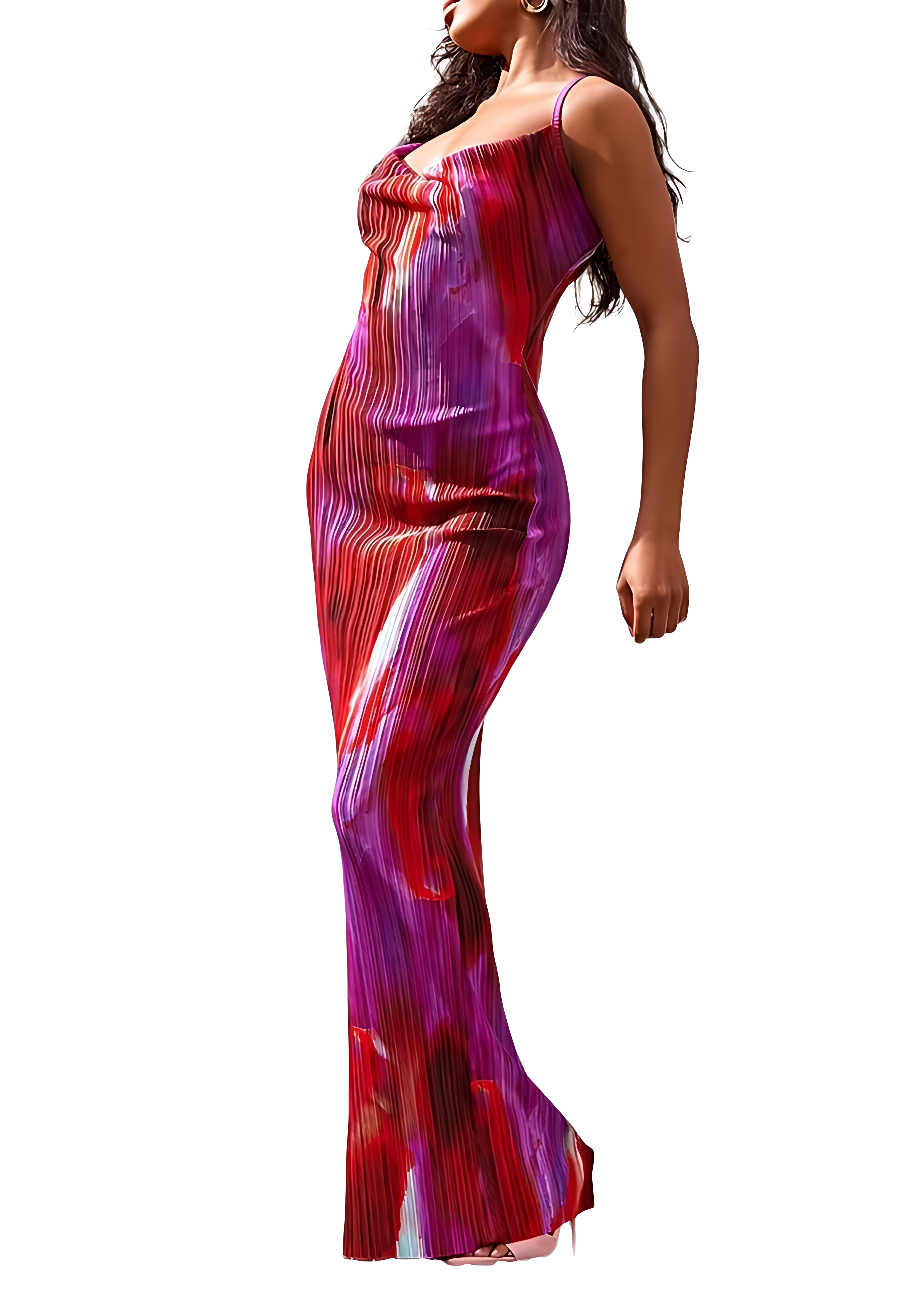 Cowl Neck Pleated Maxi Dress with Adjustable Straps