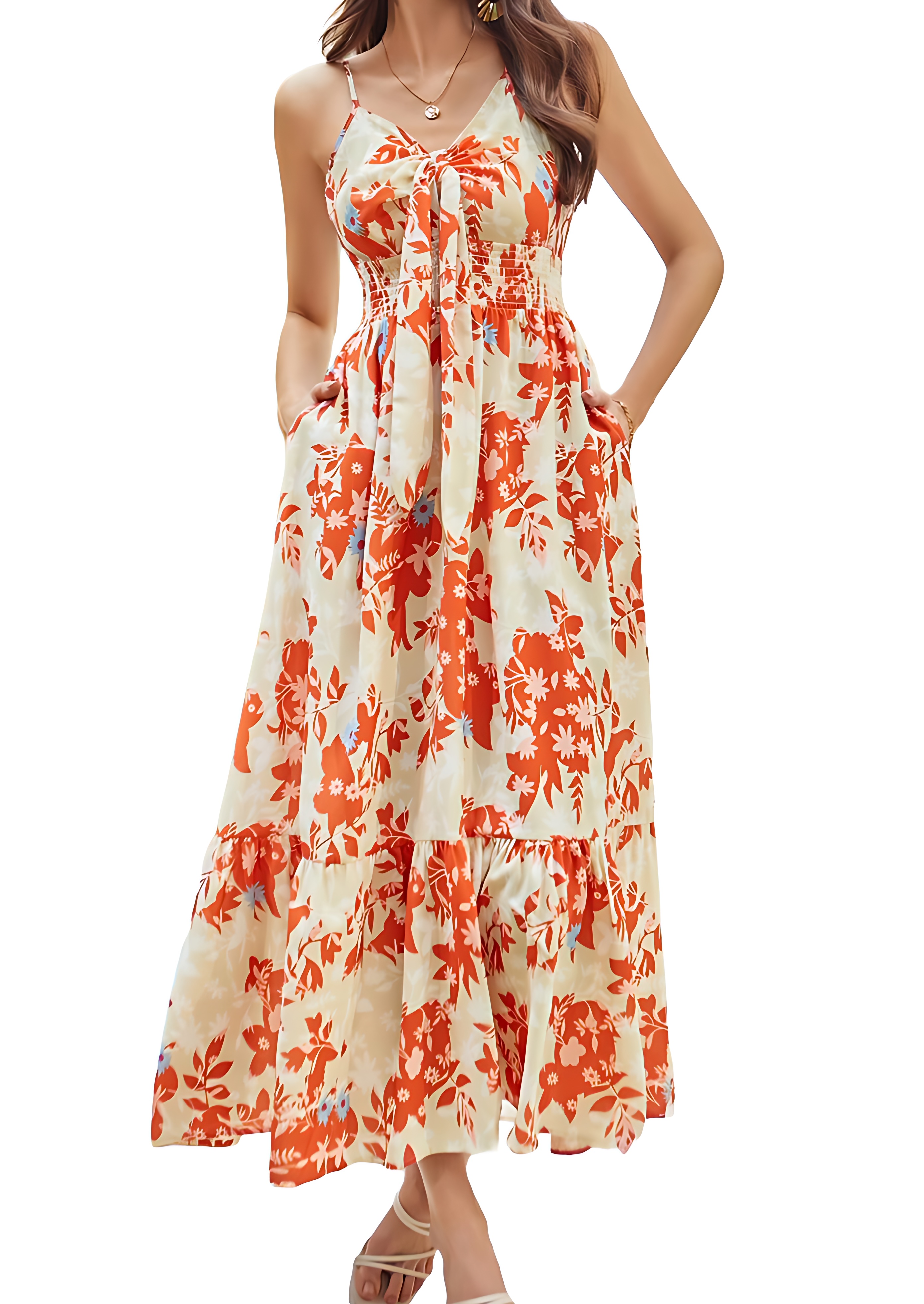 Floral Tie-Front Maxi Sundress with Pockets and Spaghetti Straps