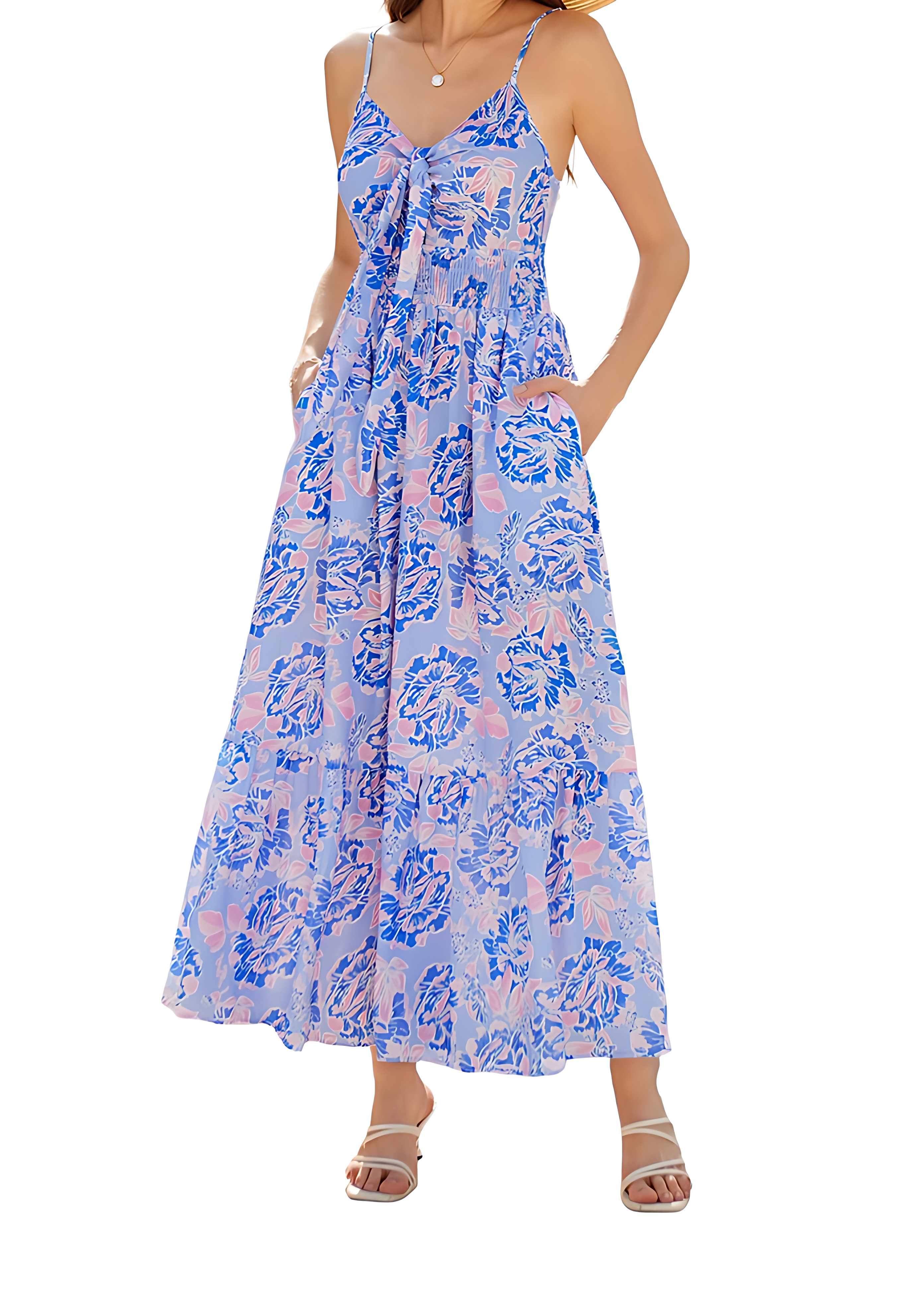 Floral Tie-Front Maxi Sundress with Pockets and Spaghetti Straps