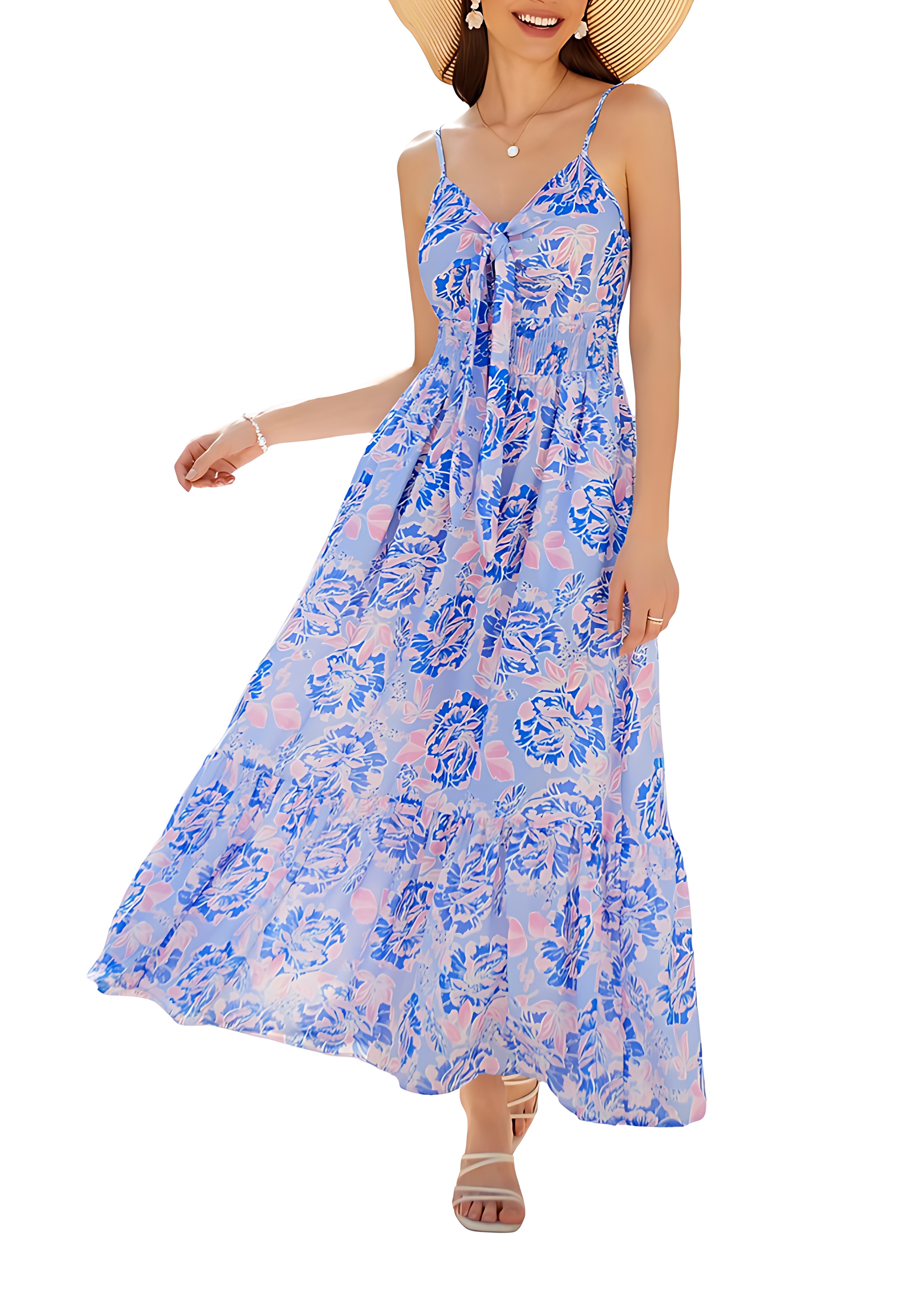 Floral Tie-Front Maxi Sundress with Pockets and Spaghetti Straps