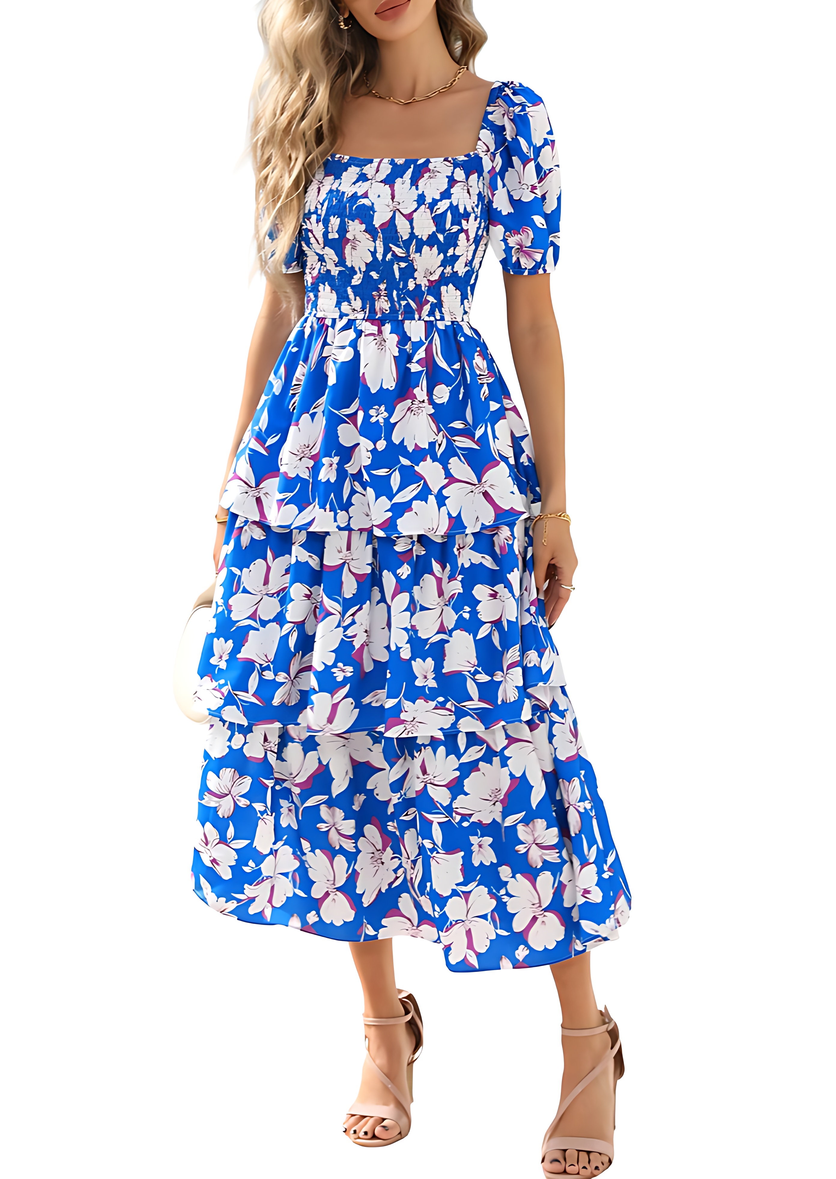 Floral Smocked Maxi Dress with Puff Sleeves and Tiered Ruffles