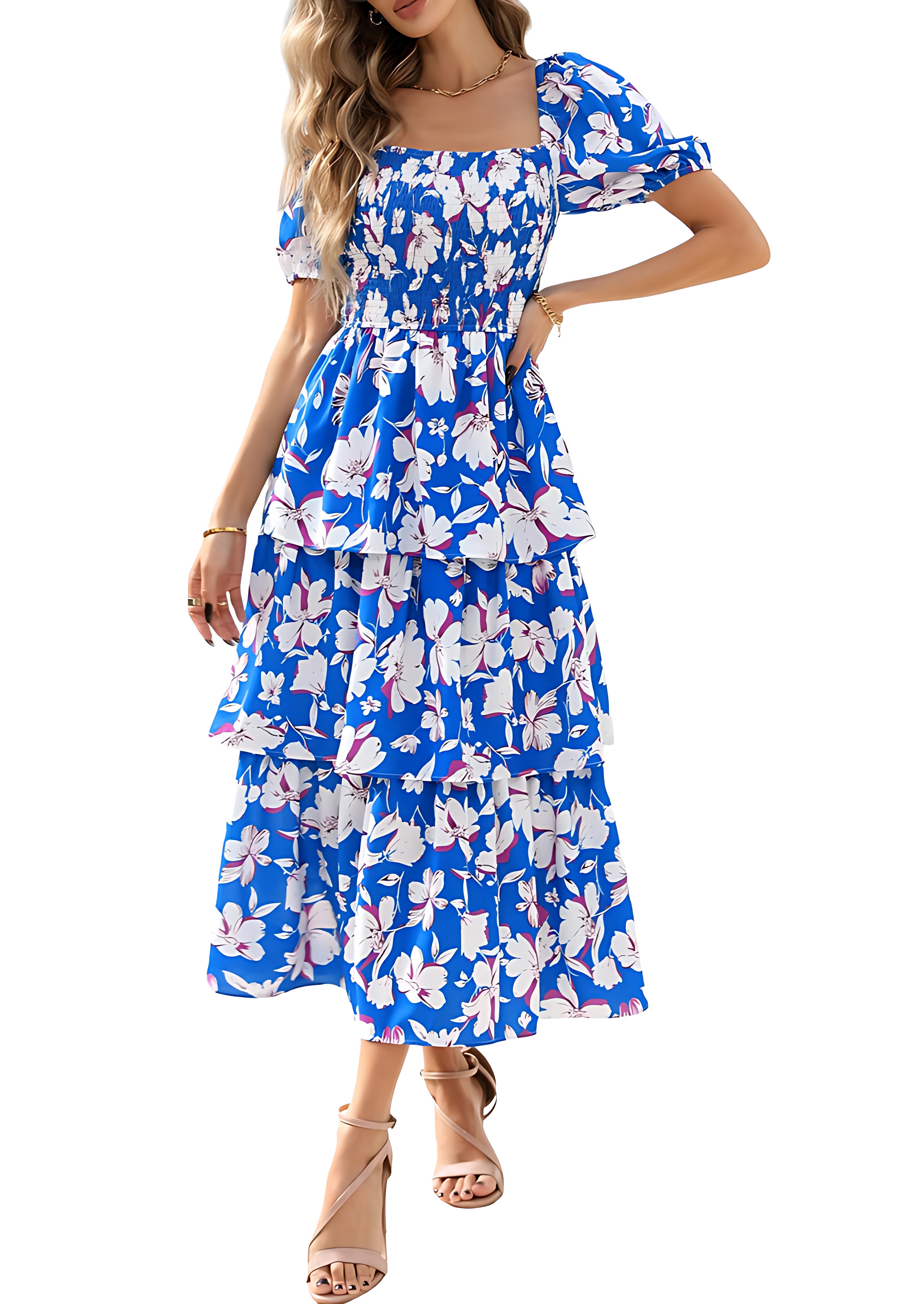 Floral Smocked Maxi Dress with Puff Sleeves and Tiered Ruffles