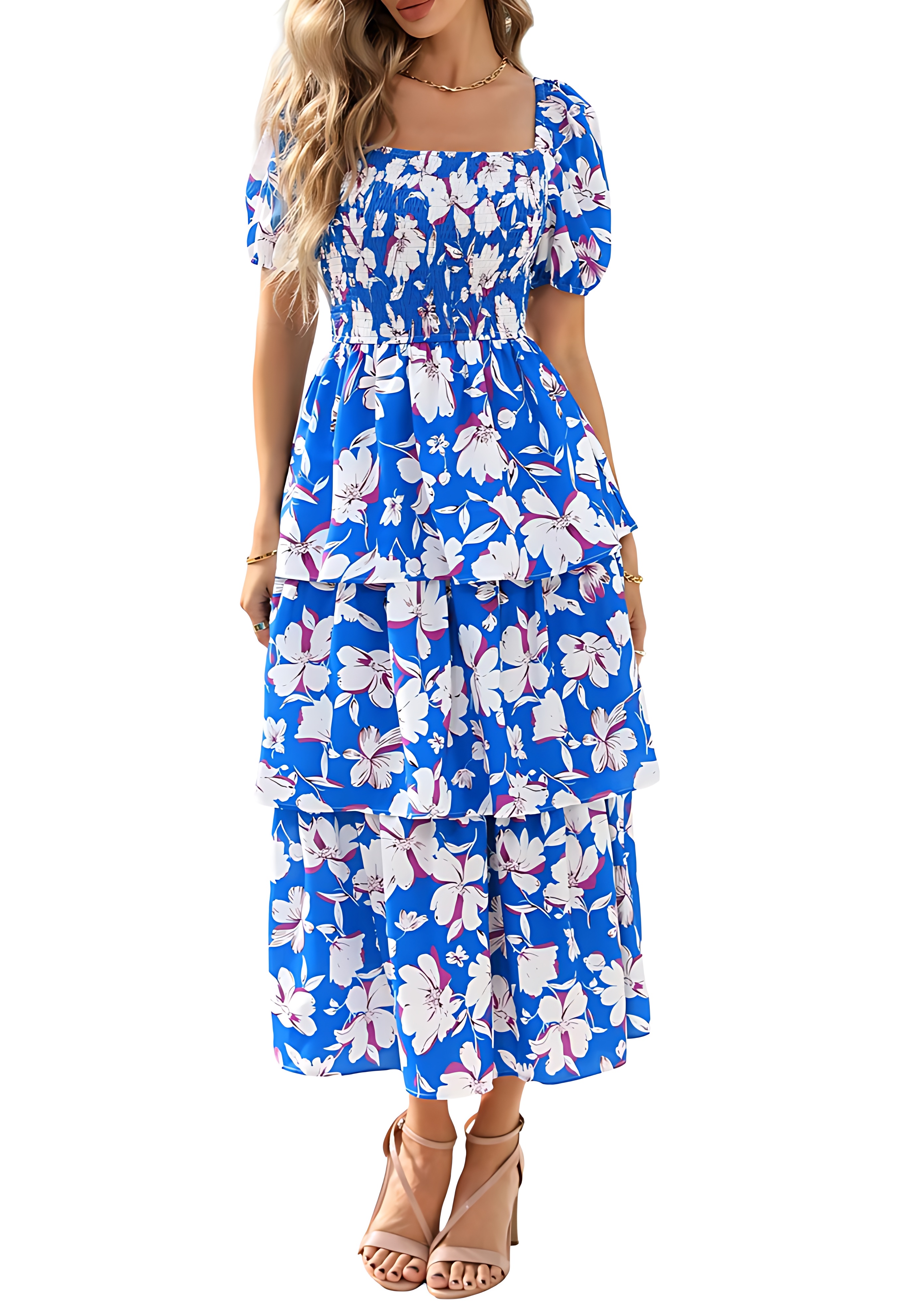 Floral Smocked Maxi Dress with Puff Sleeves and Tiered Ruffles