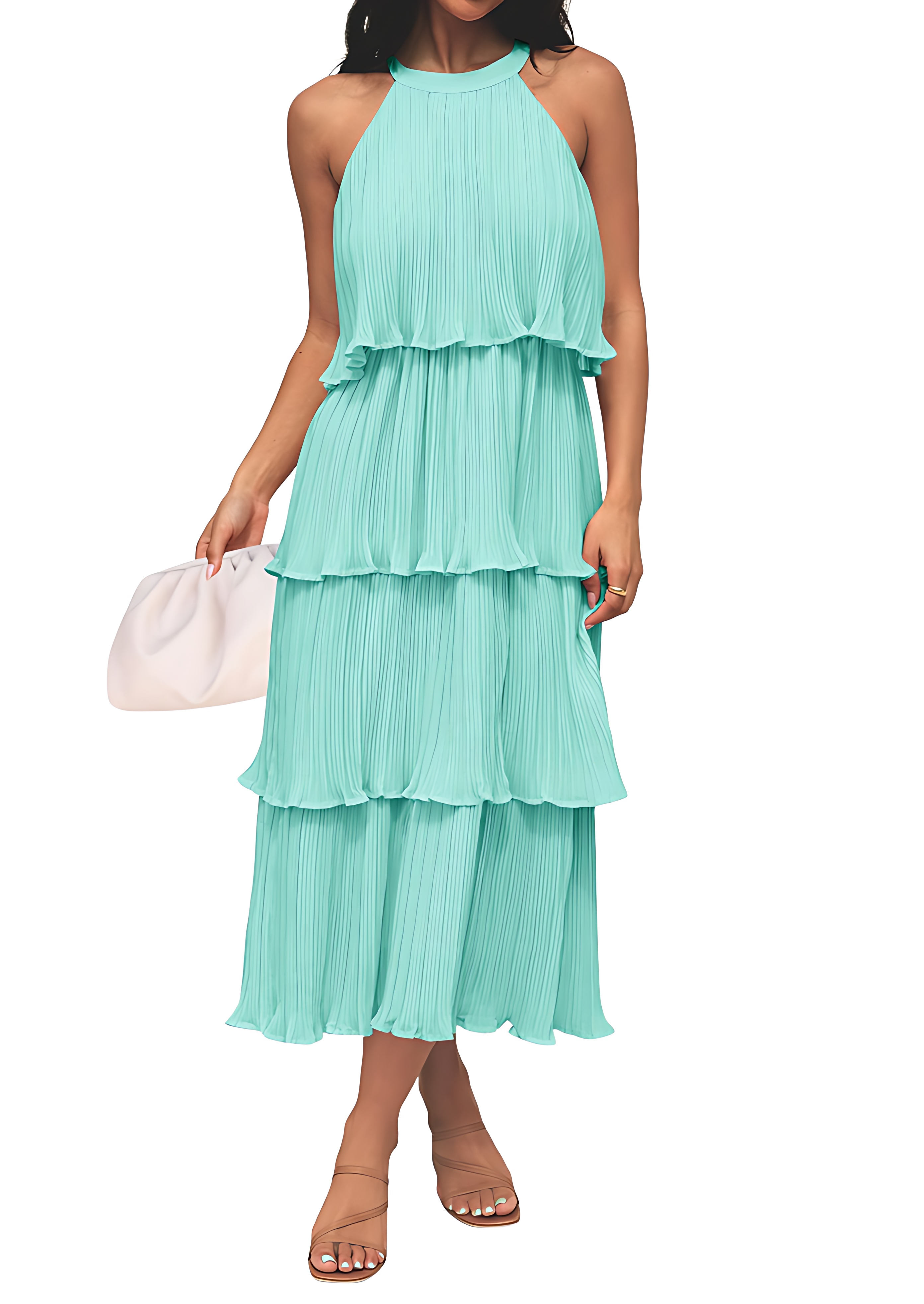 Halter Neck Sleeveless Tiered Chiffon Midi Dress