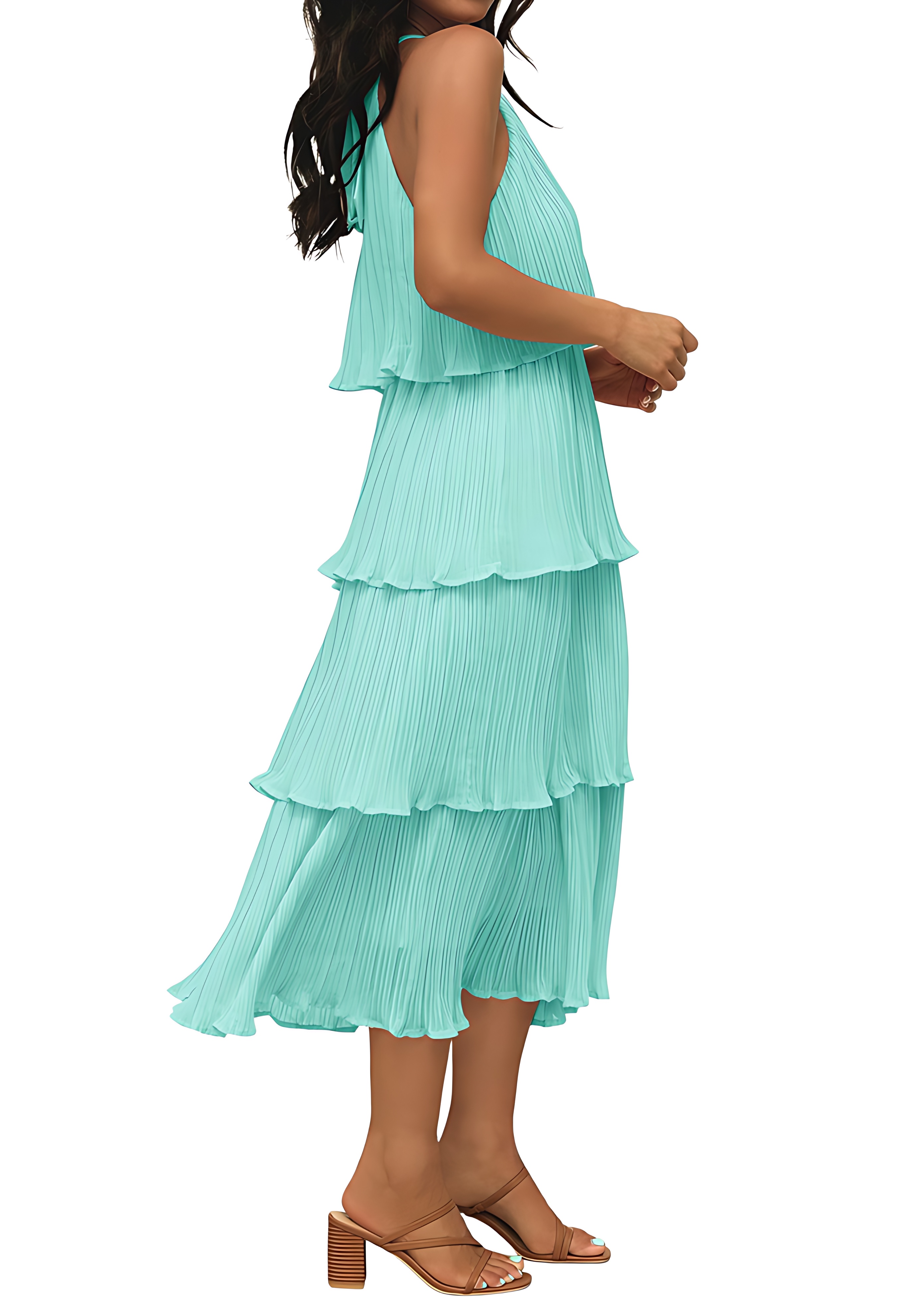 Halter Neck Sleeveless Tiered Chiffon Midi Dress