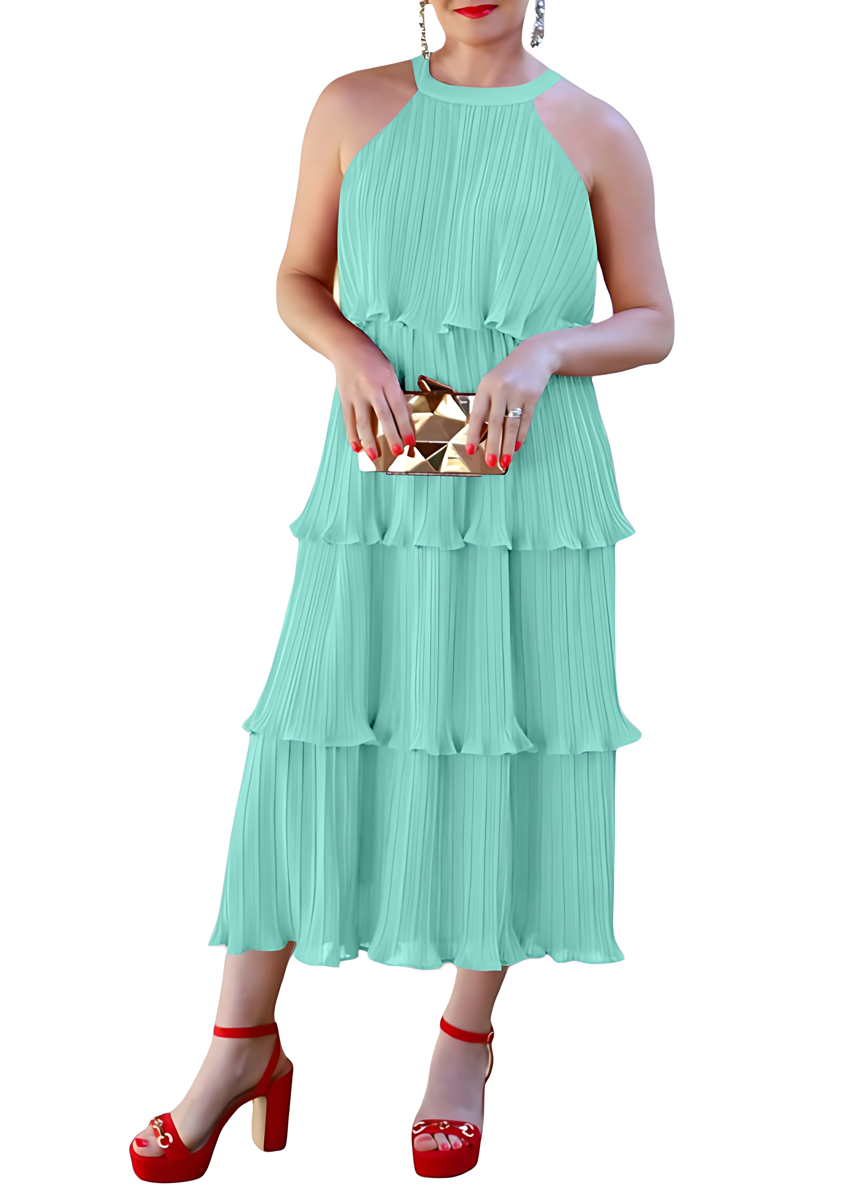 Halter Neck Sleeveless Tiered Chiffon Midi Dress