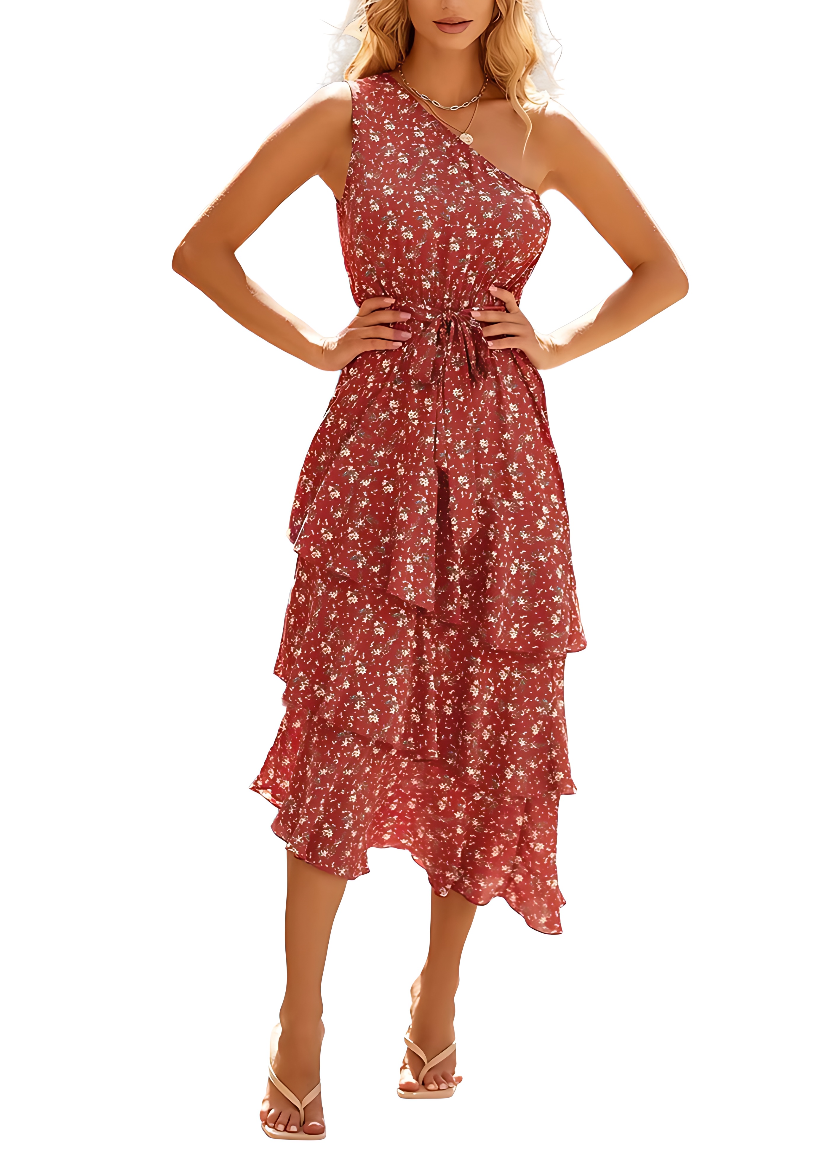 One Shoulder Floral Ruffle Midi Dress with Belt