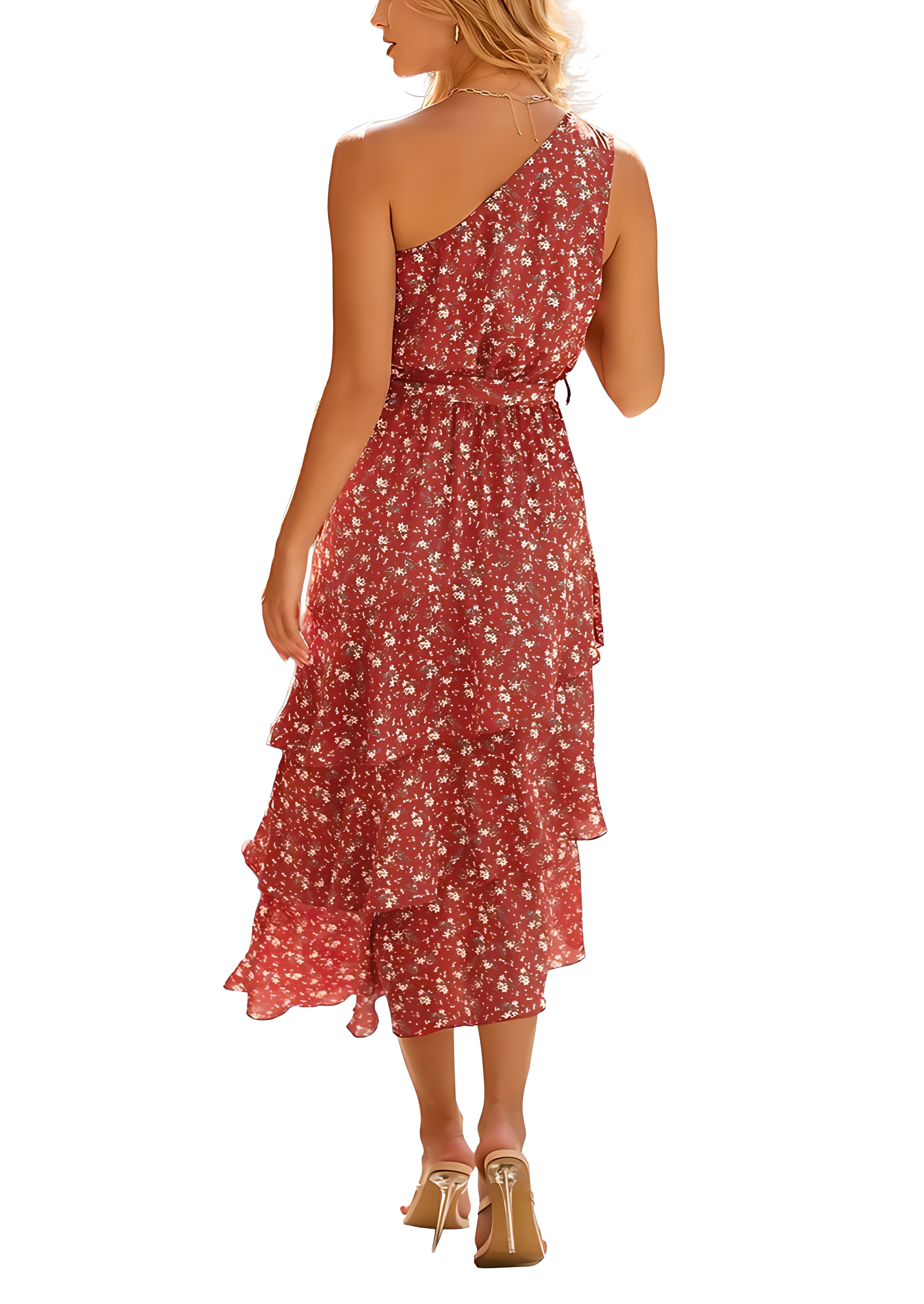 One Shoulder Floral Ruffle Midi Dress with Belt