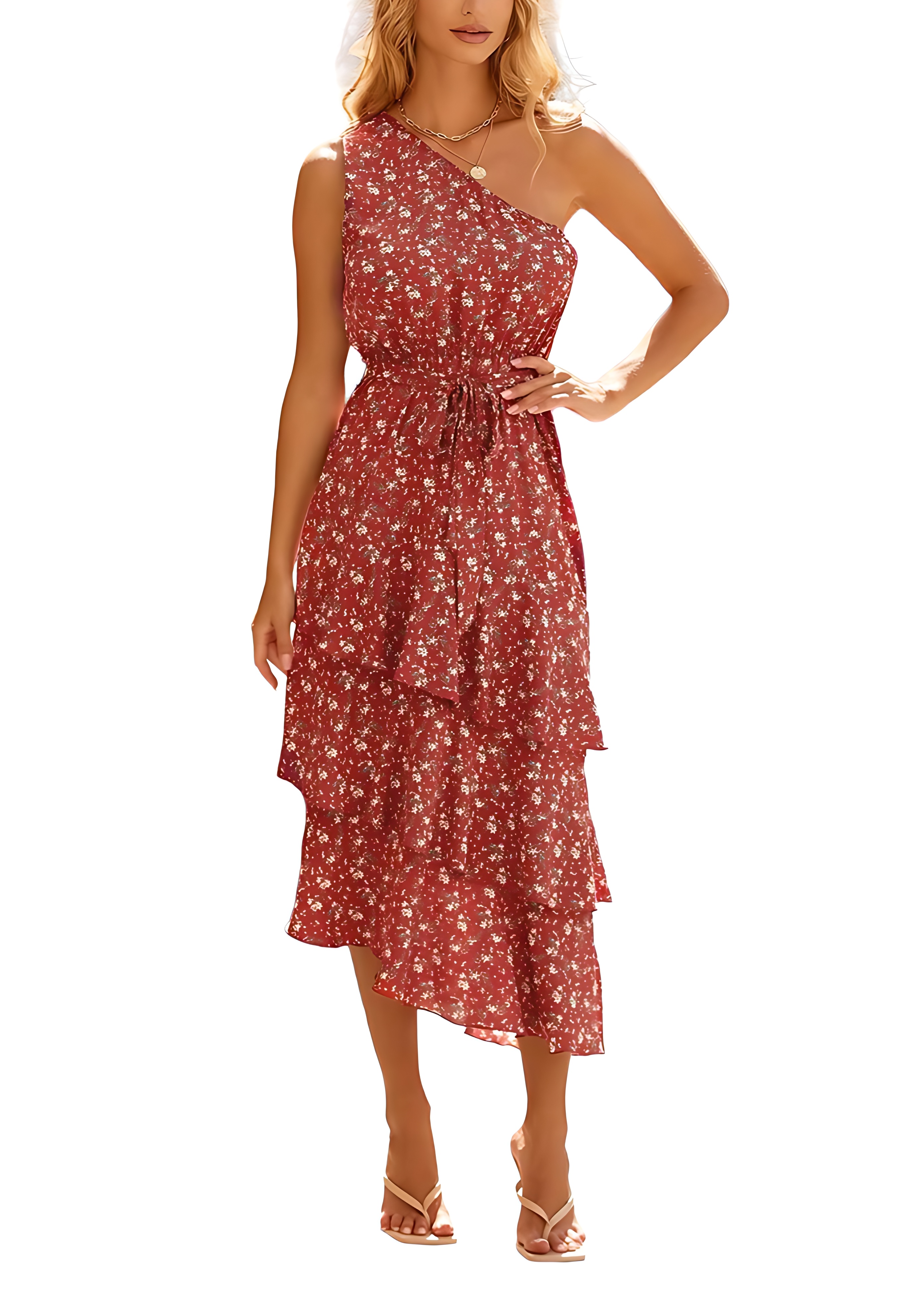One Shoulder Floral Ruffle Midi Dress with Belt